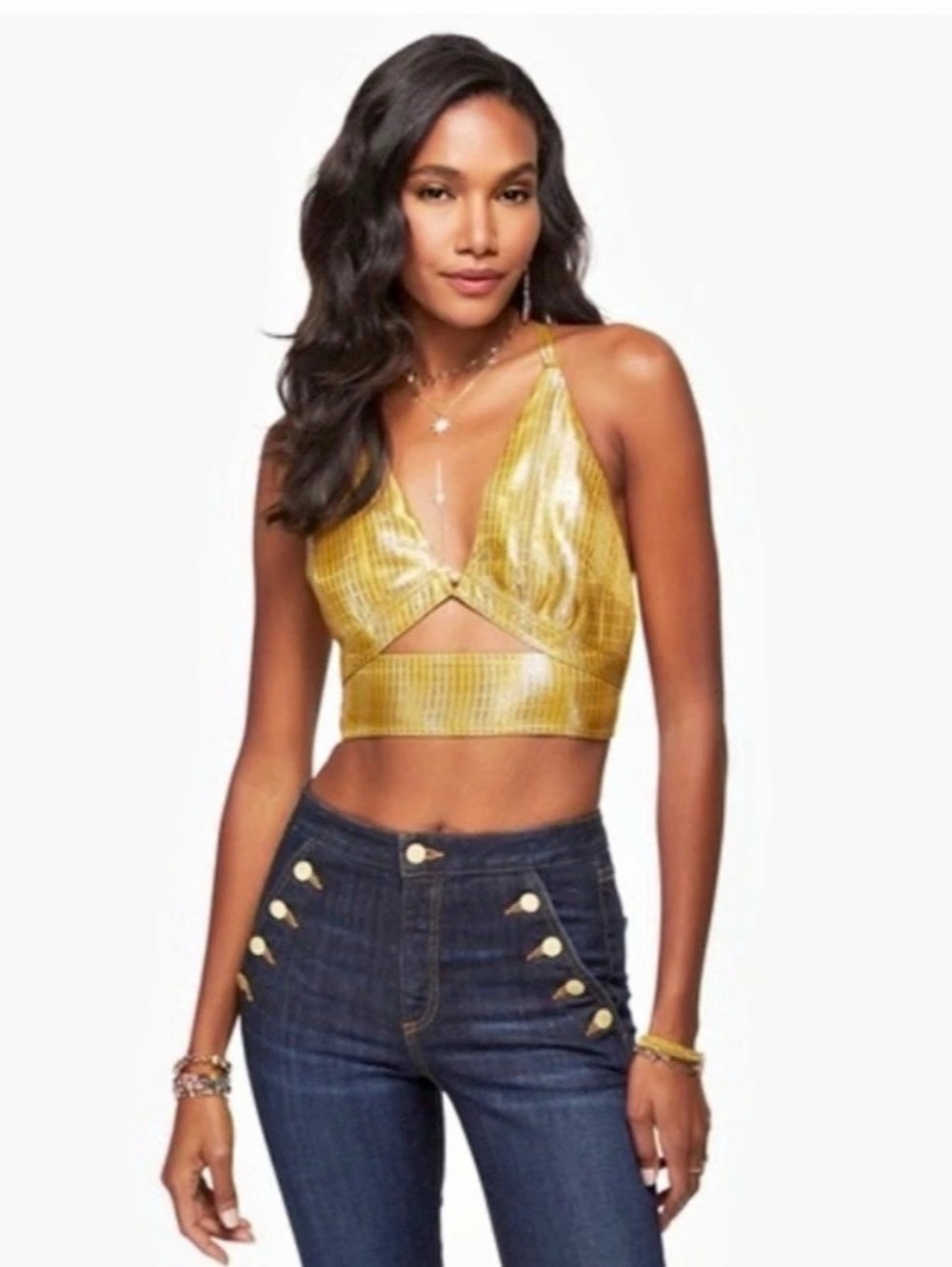 Ramy Brook Adriana Halter Crop Top Gold XS